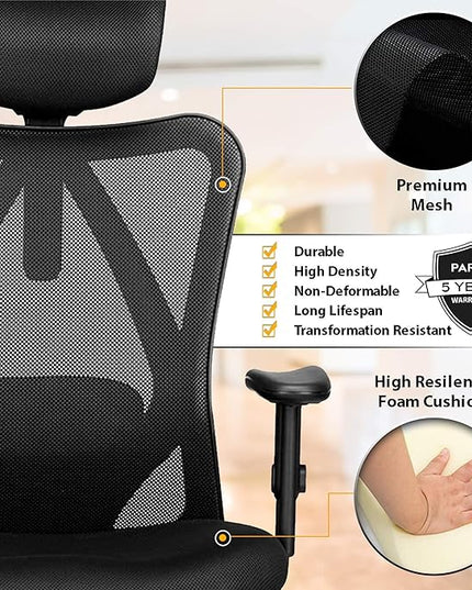 Duramont Ergonomic Office Chair - Adjustable Desk Chair with Lumbar Support and Rollerblade Wheels - High Back Chairs with Breathable Mesh - Thick Seat Cushion, Head, and Arm Rests - Reclines - LeafyLoom