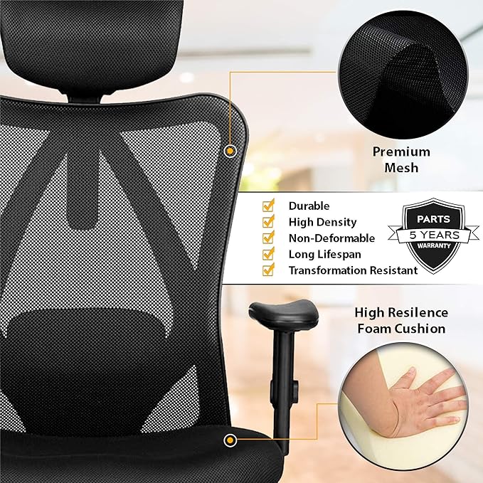 Duramont Ergonomic Office Chair - Adjustable Desk Chair with Lumbar Support and Rollerblade Wheels - High Back Chairs with Breathable Mesh - Thick Seat Cushion, Head, and Arm Rests - Reclines - LeafyLoom