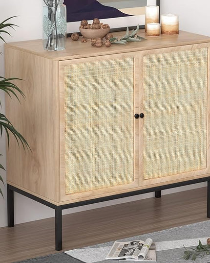 XIAO WEI Sideboard with Handmade Natural Rattan Doors, Rattan Cabinet Console Table Storage Cabinet Buffet Cabinet, for Kitchen, Living Room, Hallway, Entryway, Natural - LeafyLoom