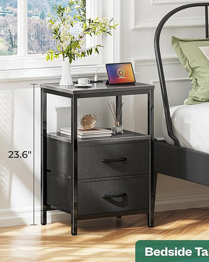 Nightstand with Charging Station, Side Table with Fabric Drawers, End Table with Open Shelf, Bedside Table with USB Ports and Outlets, Night Stand for Bedroom, Charcoal Gray - LeafyLoom