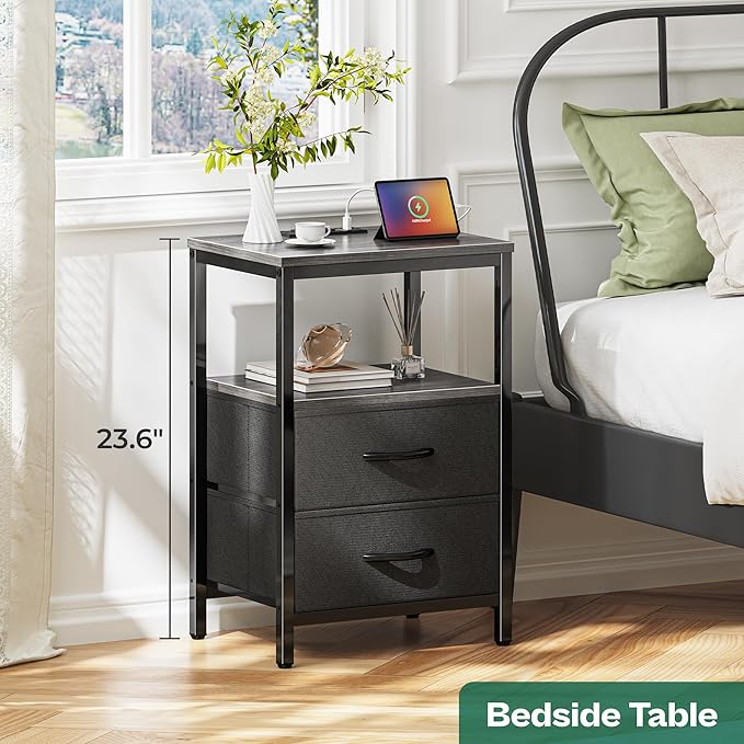 Nightstands Set of 2, End Tables with Charging Station, Side Tables with Fabric Drawers, Bedside Tables with USB Ports and Outlets, Night Stands for Bedroom, Charcoal Gray - LeafyLoom