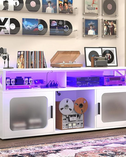 Aheaplus TV Stand for 55 60 Inch TV, Entertainment Center with LED Light & Charging Station, TV Console Table, Large Media Console Cabinet w/Soundbar Shelf, Cord Holes, for Living Room, Bedroom, White - LeafyLoom