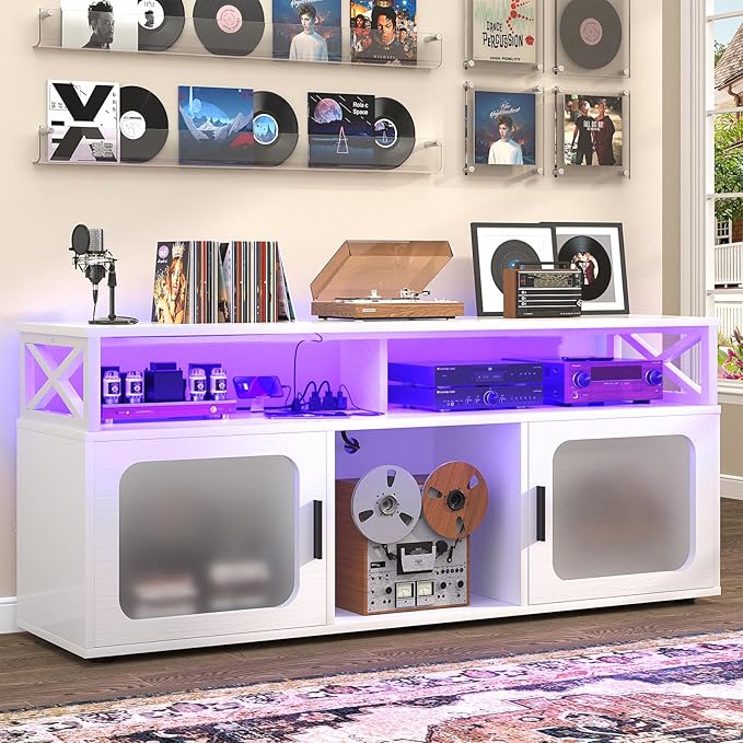 Aheaplus TV Stand for 55 60 Inch TV, Entertainment Center with LED Light & Charging Station, TV Console Table, Large Media Console Cabinet w/Soundbar Shelf, Cord Holes, for Living Room, Bedroom, White - LeafyLoom