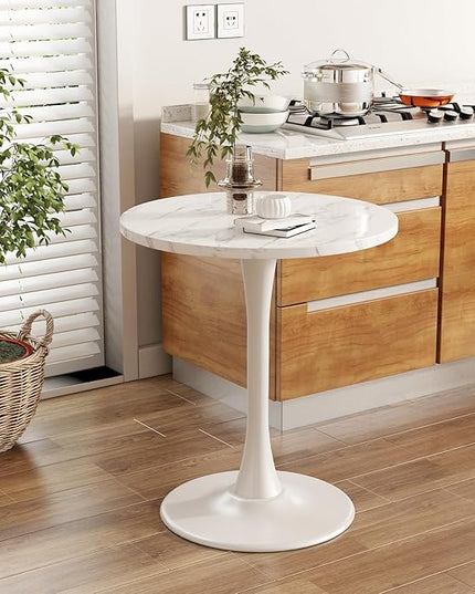 White Marble Round Table Modern Dining Table Marble Texture Tulip Round Kitchen Table Mid Century Coffee Table for Living Room 24 inch - LeafyLoom