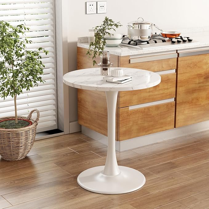 White Marble Round Table Modern Dining Table Marble Texture Tulip Round Kitchen Table Mid Century Coffee Table for Living Room 24 inch - LeafyLoom