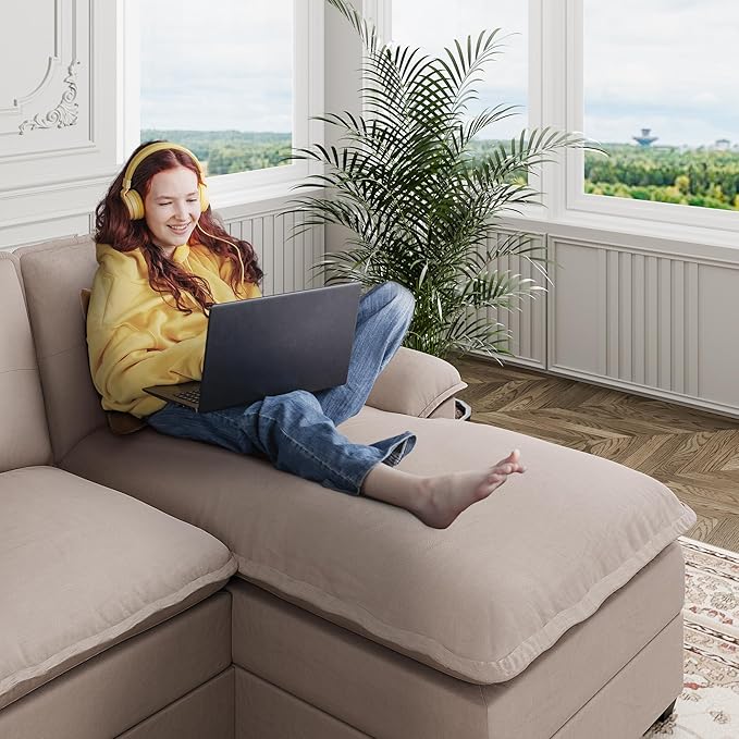 Shintenchi 110" Modular Sectional Couches for Living Room, U-Shaped Sofa Couch with Double Chaise, 4 Seat Sofa Sets with Thick Cushion & Soft Backrest, Beige - LeafyLoom