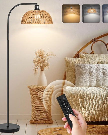 Rattan Floor Lamp- Boho Standing Lamp with Remote Control and Dimmable Bulb, Hand-Worked Adjustable Rattan Shades, Black Farmhouse Tall Lamp, Boho Arc Floor Lamps for Living Room, Bedroom, Office - LeafyLoom