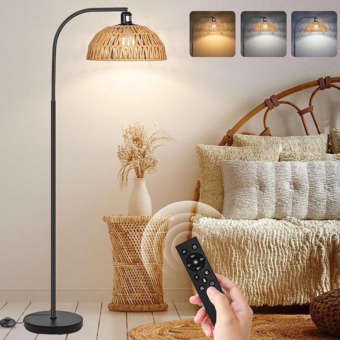 Rattan Floor Lamp- Boho Standing Lamp with Remote Control and Dimmable Bulb, Hand-Worked Adjustable Rattan Shades, Black Farmhouse Tall Lamp, Boho Arc Floor Lamps for Living Room, Bedroom, Office - LeafyLoom
