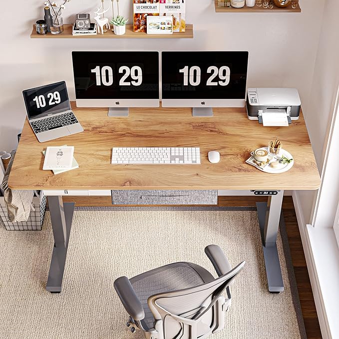 FEZIBO 63 x 24 Inches Standing Desk with Drawer, Adjustable Height Electric Stand up Desk with Storage, Sit Stand Home Office Desk, Ergonomic Computer Desk, Light Rustic - LeafyLoom