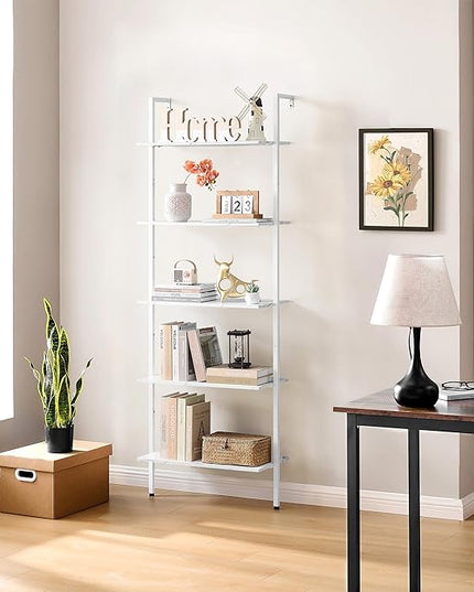 Tajsoon 25.2''W Ladder Shelf Bookshelf, 5 Tier Wall Shelf with Metal Frame, Modern Open Wall Mount Bookcases for Home, Office, Balcony, Plant Flower, White - LeafyLoom