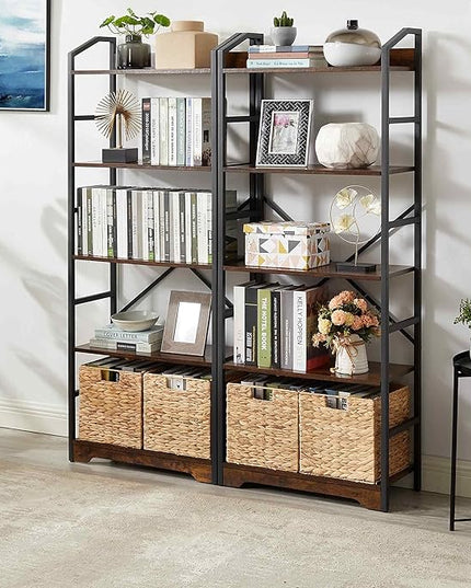 Vagusicc 5 Tier Bookshelf with 2 Storage Baskets, Tall Bookcase Shelf Storage Organizer Wood Book Shelf, Modern Shelf Rack Shelves with Steel Frame, Multipurpose Bookshelf for Bedroom Living Room - LeafyLoom