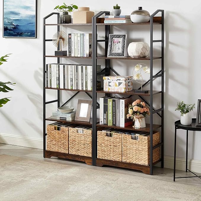 Vagusicc 5 Tier Bookshelf with 2 Storage Baskets, Tall Bookcase Shelf Storage Organizer Wood Book Shelf, Modern Shelf Rack Shelves with Steel Frame, Multipurpose Bookshelf for Bedroom Living Room - LeafyLoom