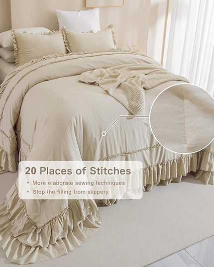 Oversized King Comforter 128x120,Farmhouse Shabby Boho Chic Ruffled Bedding Comforter Set,3pcs Extra Large King Size Wheat Ruffle Comforter Sets French Country Bedding Set Ultra Soft - LeafyLoom