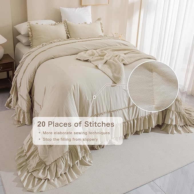Oversized King Comforter 128x120,Farmhouse Shabby Boho Chic Ruffled Bedding Comforter Set,3pcs Extra Large King Size Wheat Ruffle Comforter Sets French Country Bedding Set Ultra Soft - LeafyLoom