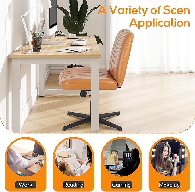 Criss Cross Chair, Cross Legged Office Chair, Wide Comfty Desk Chair, No Wheels Armless Computer Task Chair, Swivel Vanity Home Chair, Height Adjustable - LeafyLoom