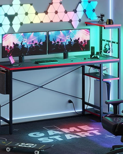 Bestier Gaming Desk with Power Outlets, 61 Inch Large Led Gamer Desk with 4 Tiers Reversible Shelves, PC Gaming Table with Headset Hook & Side Storage Bag for Bedroom (Black 3D Carbon Fiber) - LeafyLoom