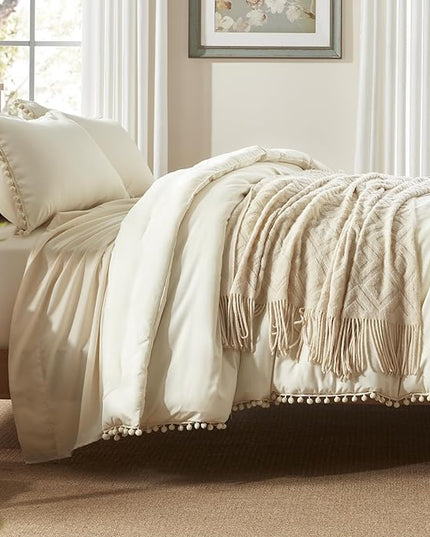 Anluoer Full Comforter Set 7 Piece, Cream Bed in a Bag with Sheets, Pom Pom Boho Bedding Comforter Sets with 1 Comforter, 2 Pillow Shams, 2 Pillowcases, 1 Flat Sheet, 1 Fitted Sheet - LeafyLoom