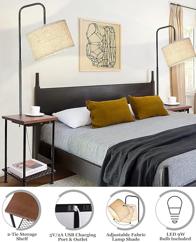 ELYONA Industrial Table Floor Lamp, Solid Wood End Table lamp with USB Type-C Charging Port & Power Outlet, Side Table Shelf Tall Pole Standing Light for Living Room,Bedroom,LED Bulb Included, Brown - LeafyLoom