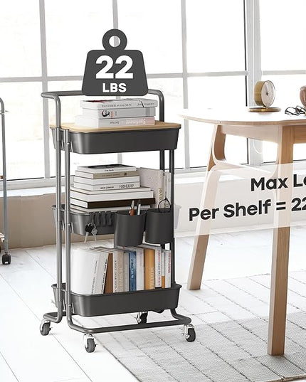 DTK 3 Tier Rolling Cart Uility Cart with Cover Board, Mobile Storage Cart with Wheels, Cups, Hooks for Office Utility Kitchen Bathroom Homeschool Art Craft Postpartum Teacher Cart Organizer(Black) - LeafyLoom