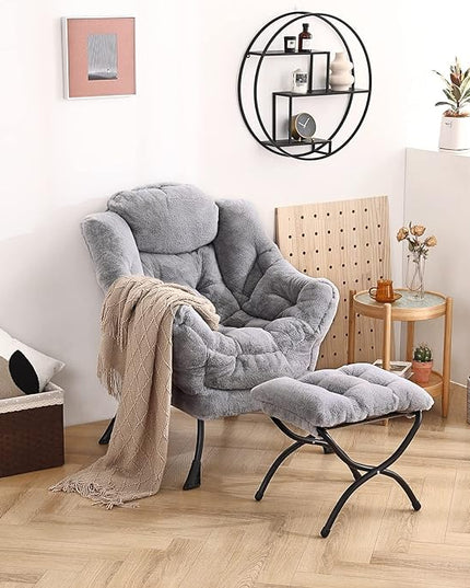 Welnow Lazy Chair with Ottoman, Modern Lounge Accent Chair with Armrests and a Side Pocket, Leisure Sofa Chair Set, Reading Chair with Footrest for Small Space, Corner Chair, Plush Grey - LeafyLoom