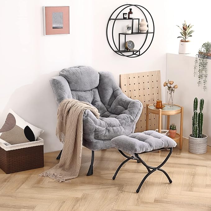 Welnow Lazy Chair with Ottoman, Modern Lounge Accent Chair with Armrests and a Side Pocket, Leisure Sofa Chair Set, Reading Chair with Footrest for Small Space, Corner Chair, Plush Grey - LeafyLoom