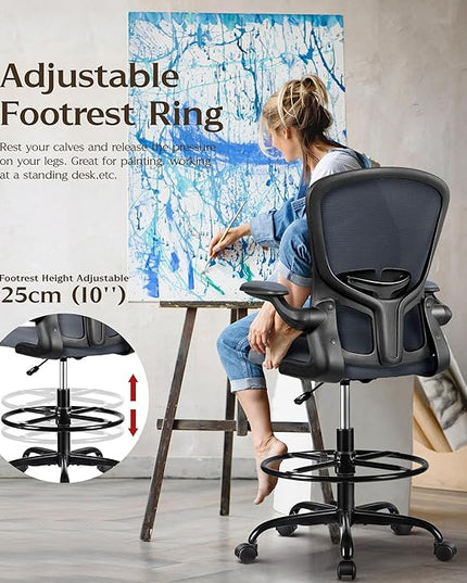 FelixKing Drafting Chair, Tall Office Chairs with Footrest Ring, Home Standing Desk High Chair with Lumbar Support Adjustable Counter Height Ergonomic Swviel Rolling Chairs for Working (Dark Gray) - LeafyLoom