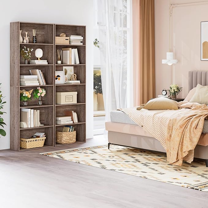 FOTOSOK 6-Tier Open Bookcase and Bookshelf, Freestanding Display Storage Shelves Tall Bookcase for Bedroom, Living Room and Office, Oak - LeafyLoom