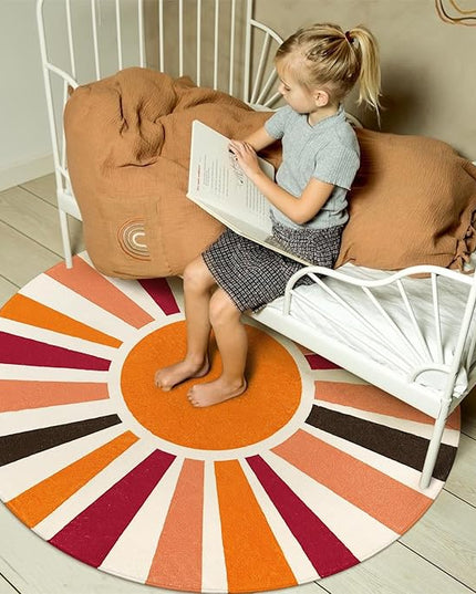 Round Washable Rug 4 Ft Small Round Rug for Kids Room, Orange Sun Circle Rug for Playroom, Non-Slip Circular Office Carpet Soft Rainbow Rug for Bedroom Reading Corner Dorm - LeafyLoom