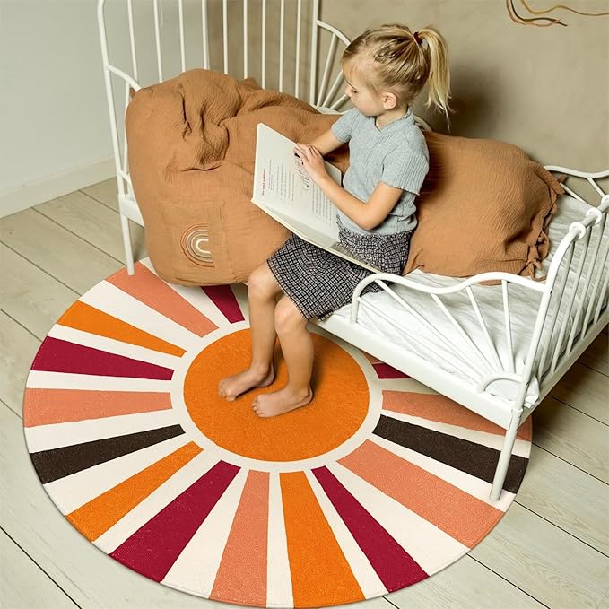 Round Washable Rug 4 Ft Small Round Rug for Kids Room, Orange Sun Circle Rug for Playroom, Non-Slip Circular Office Carpet Soft Rainbow Rug for Bedroom Reading Corner Dorm - LeafyLoom
