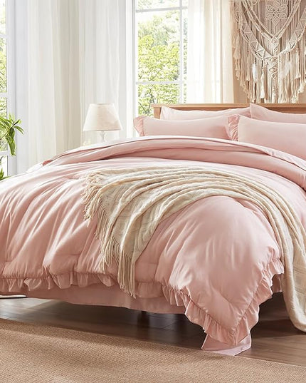 Anluoer Twin Comforter Set 5 Piece, Pink Bed in a Bag with Sheets, All Season Ruffle Shabby Chic Bedding Sets with 1 Comforter, 1 Pillow Sham, 1 Pillowcase, 1 Flat Sheet, 1 Fitted Sheet - LeafyLoom