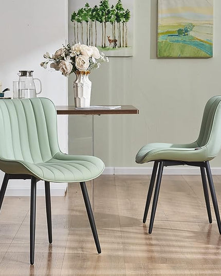 YOUNUOKE Dining Chairs Set of 2 Upholstered Mid Century Modern Kitchen Chair Armless Faux Leather Side Chairs with Padded Back Metal Legs for Living Room Bedrooms Mint Light Sage Green - LeafyLoom