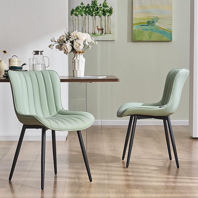 YOUNUOKE Dining Chairs Set of 2 Upholstered Mid Century Modern Kitchen Chair Armless Faux Leather Side Chairs with Padded Back Metal Legs for Living Room Bedrooms Mint Light Sage Green - LeafyLoom