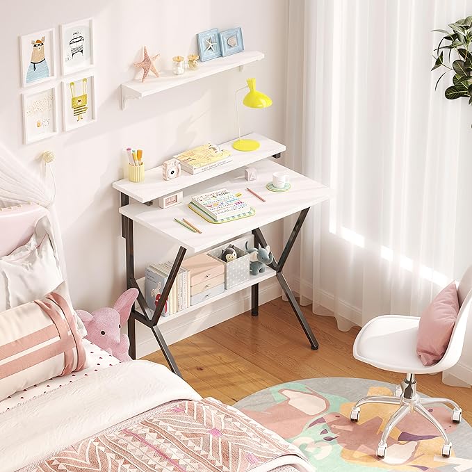 COTUBLR Small Desk, 27.5 Inch Small Computer Desk for Small Spaces, Computer Desk with Adjustable Monitor Stand, Compact Desk with Storage, Tiny Desk Study Desk for Bedroom Home Office, White - LeafyLoom