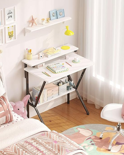 COTUBLR Small Desk, Small Computer Desk for Small Spaces, 27.5 Inch Computer Desk with Adjustable Monitor Stand, Compact Desk with Storage for Bedroom Home Office, White Tabletop+Black Frame - LeafyLoom