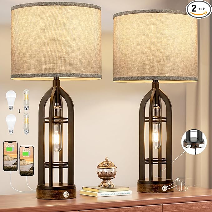 Table Lamp for Living Room - Grey Farmhouse Lamps for Night Stands with USB C+A, 3 Way Dimmable End Table Lamps Set of 2, Vintage Bedside Lamp for End Tables, Rustic Nightstand Lamps for Bedroom - LeafyLoom