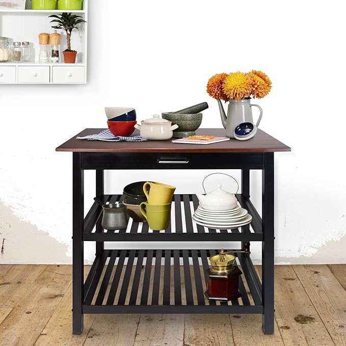 Casual Home Kitchen Island with Solid American Hardwood Top, Walnut&black - LeafyLoom