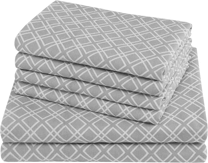 Comfort Spaces Cotton Flannel Breathable Warm Deep Pocket Sheets with Pillow Case Bedding, Full, Grey Geo 4 Piece - LeafyLoom