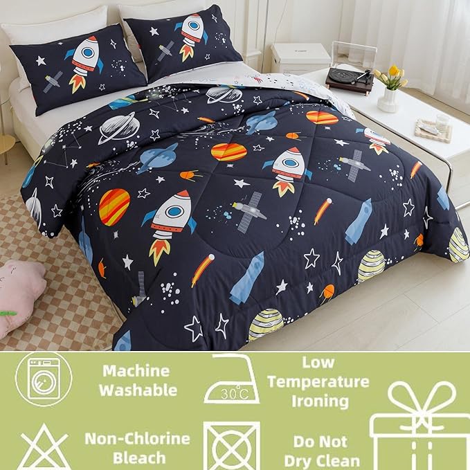 RYNGHIPY Kids Comforter Set Queen Size, Cute Space Rocket Bedding Set for Boys Girls, Space Themed Teen Boy Bedding (Space Rocket,Queen) - LeafyLoom