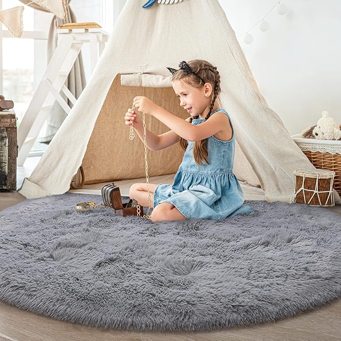 Grey Round Rug for Bedroom, Super Fluffy Circle Rugs for Baby Nursery, 5'X5' Feet Furry Carpet for Children Kids Room, Cute Soft Shaggy Rug for Girls Home Decor, Fuzzy Plush Carpets for Dorm - LeafyLoom