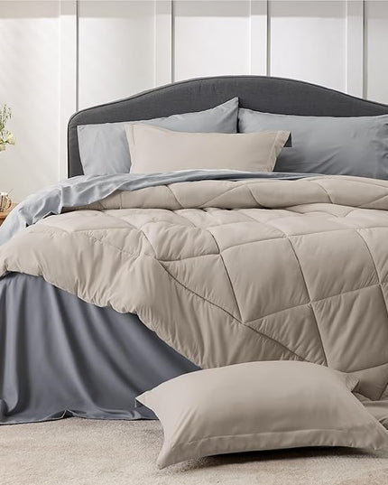Bedsure Beige California King Comforter Set - 7 Pieces Reversible Bed Set Bed in a Bag California King with Comforters, Sheets, Pillowcases & Shams, California King Bedding Sets - LeafyLoom
