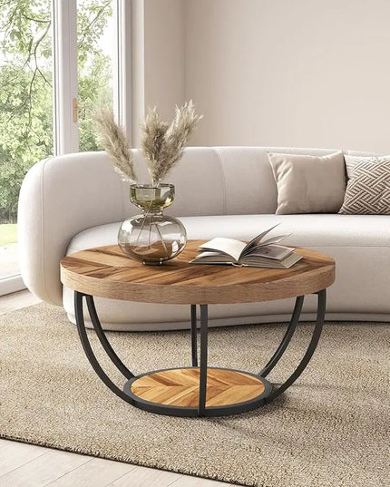 Round Coffee Table, 32" Circle Coffee Table for Living Room, 2-Tier Wood Accent Center Table with Open Storage Industrial Design Home Furniture (Wood Grain and Black) - LeafyLoom