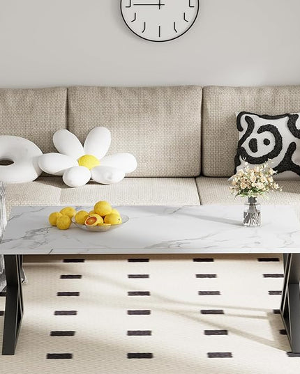 Coffee Table White Living Room Center Table, Simple Modern Faux Marble Rectangular Tea Table with Sturdy Black Metal Frame,Industrial Wooden Coffee Table for Bedroom Home Office - LeafyLoom