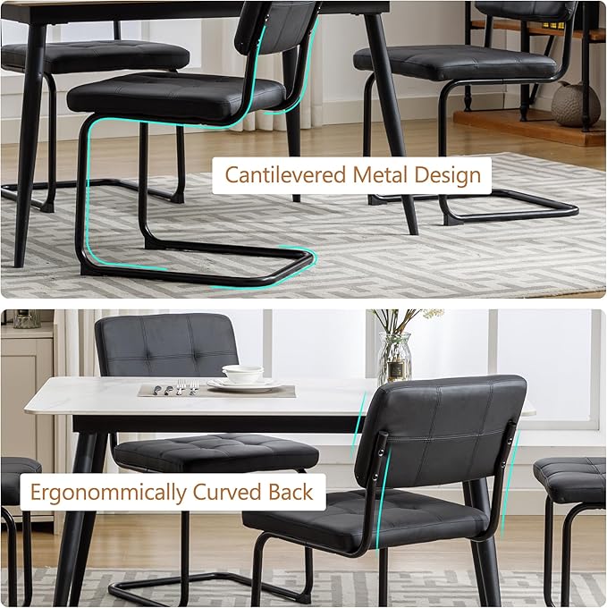 Forevich Mid Century Modern Dining Chairs Set of 4, Leather Kitchen Dining Room Side Chairs Upholstered Armless Accent Chairs with Metal Chrome Legs for Living Room, Bedroom Black - LeafyLoom