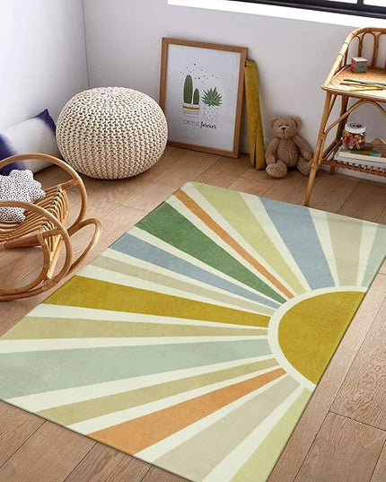 Boho Washable Rug 3'x5' Rug Kids Area Rug for Playroom, Colorful Kids Rug for Bedroom, Non-Slip Throw Sun Carpet Soft Small Sunshine Rug for Office Nursery Entryway Dorm - LeafyLoom