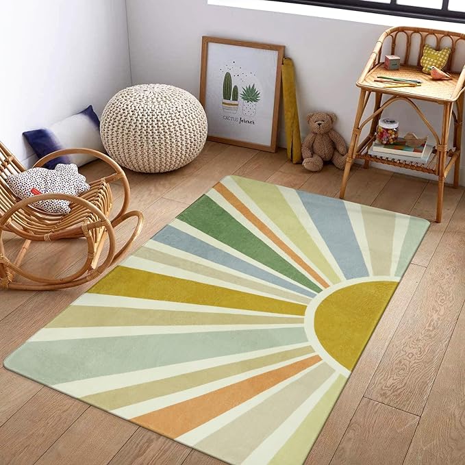 Boho Washable Rug 3'x5' Rug Kids Area Rug for Playroom, Colorful Kids Rug for Bedroom, Non-Slip Throw Sun Carpet Soft Small Sunshine Rug for Office Nursery Entryway Dorm - LeafyLoom