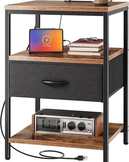 SUPERJARE Night Stand with Charger Station, 27.7 Inch Tall Nightstand with Adjustable Fabric Drawer, Bed Side Table, Fabric Drawer Dresser for Bedroom, Living Room, Rustic Brown and Black - LeafyLoom