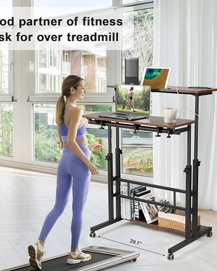 Hadulcet Mobile Standing Desk with Charging Station, Stand Up Laptop Desk Mobile Workstation for Home Office Classroom with Wheels, 31.49 x 23.6 in Rustic Brown - LeafyLoom