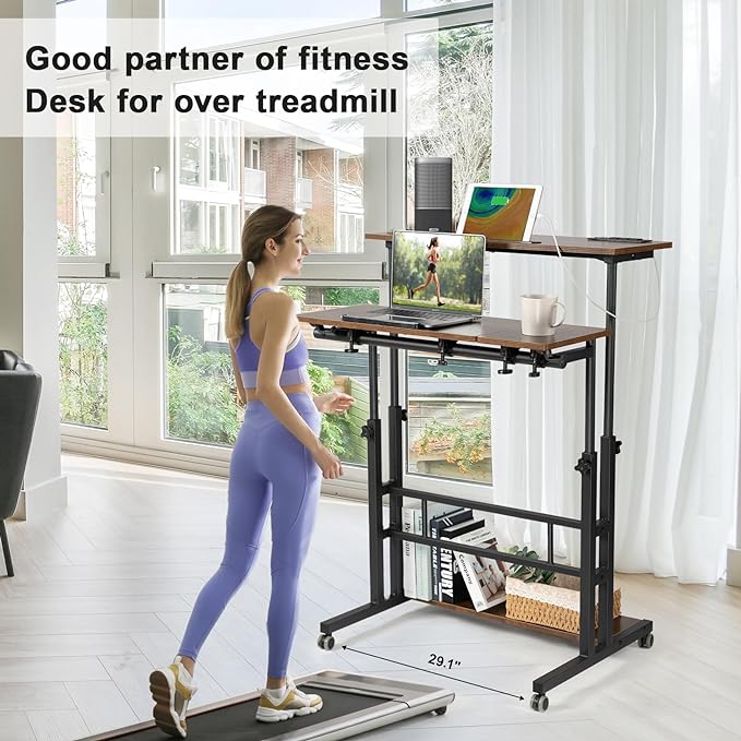 Hadulcet Mobile Standing Desk with Charging Station, Stand Up Laptop Desk Mobile Workstation for Home Office Classroom with Wheels, 31.49 x 23.6 in Rustic Brown - LeafyLoom