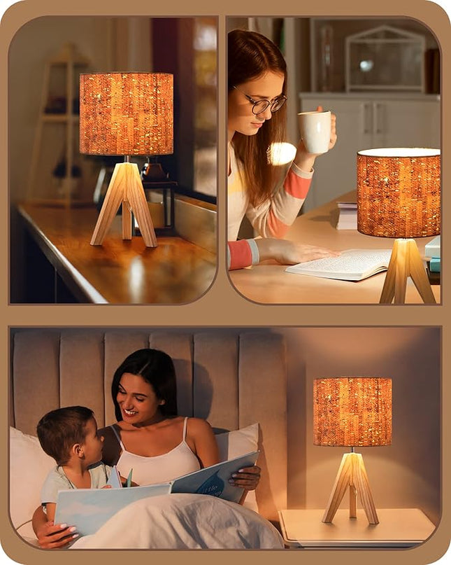 EDISHINE Small Table Lamp, Wooden Tripod Nightstand Lamp with Bark Linen Shade, Farmhouse Bedside Lamp for Nursery, Bedroom, Kids Room, Office, Reading Desk, 14.2 Inch, E26 Socket, ON/Off Switch - LeafyLoom