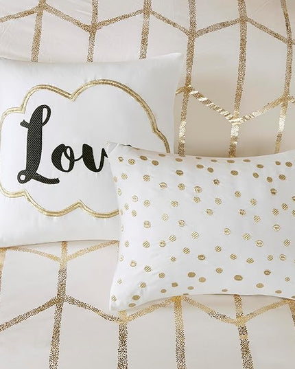 Intelligent Design Raina Twin / Twin XL Comforter Set, Soft Microfiber Comforter Set Twin, Modern Geometric Metallic Bed Set, 4 Pieces College Bedding Comforter Set with 1 Sham, 2 Toss Pillows Ivory - LeafyLoom